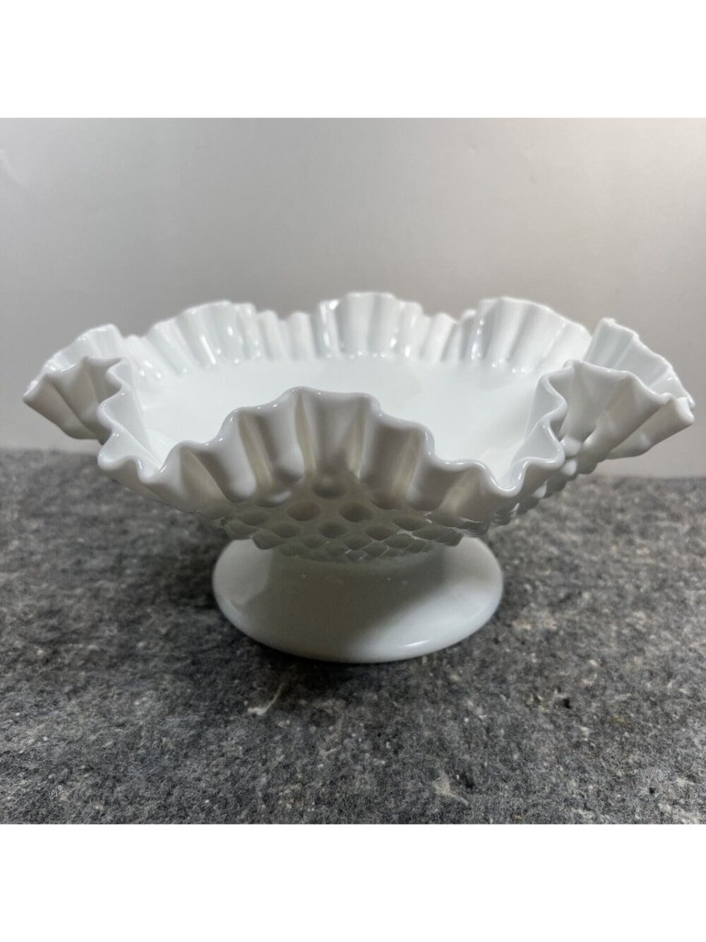 Vintage Fenton Milk Glass Hobnail 10 1/2" Footed Ruffled/Double Crimped Bowl    